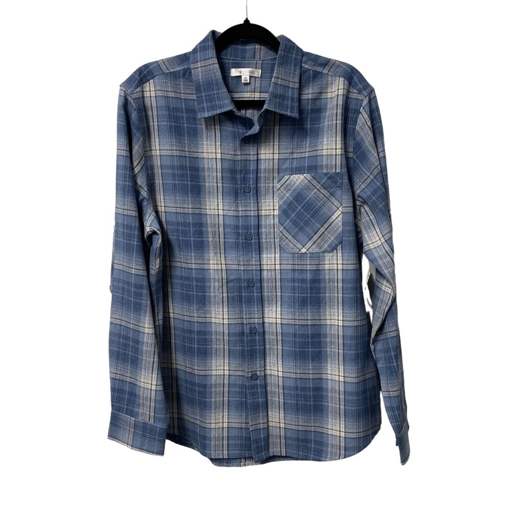 DAILY THREAD BUTTON UP SHIRT PLAID MENS L BLUE KHAKI CASUAL LONG SLEEVE NWT